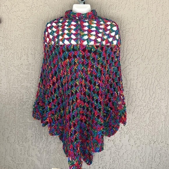 Handmade Multicolor Open Knit Crochet Poncho One Size - Picture 3 of 10